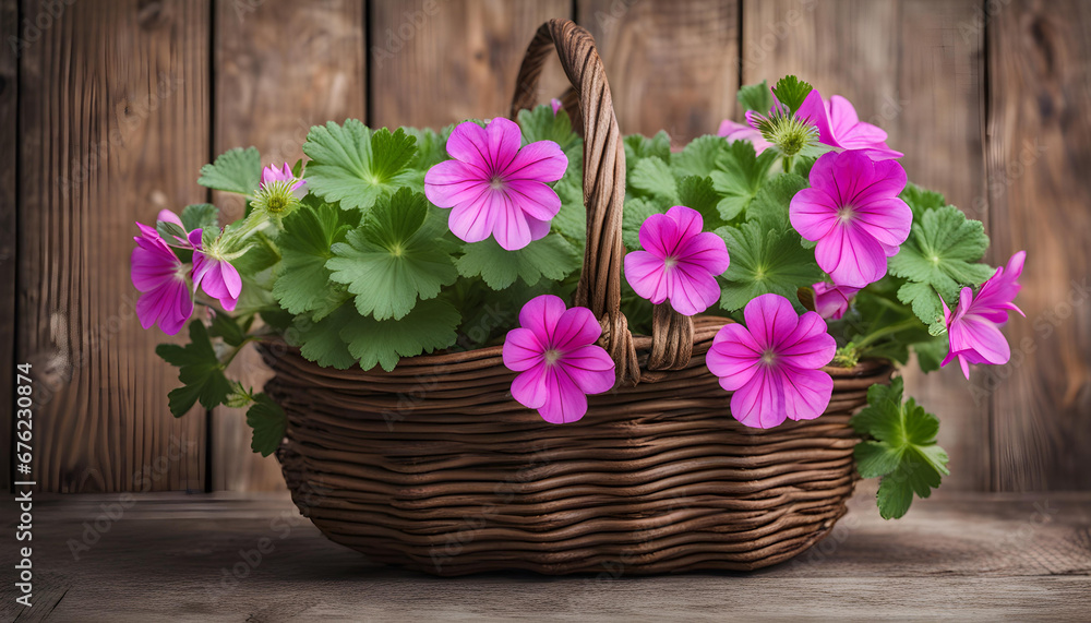 Hardy Geranium flower basket on a wooden background