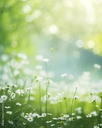 green trees in forest or park with wild grass and flowers daisies. Beautiful summer spring natural