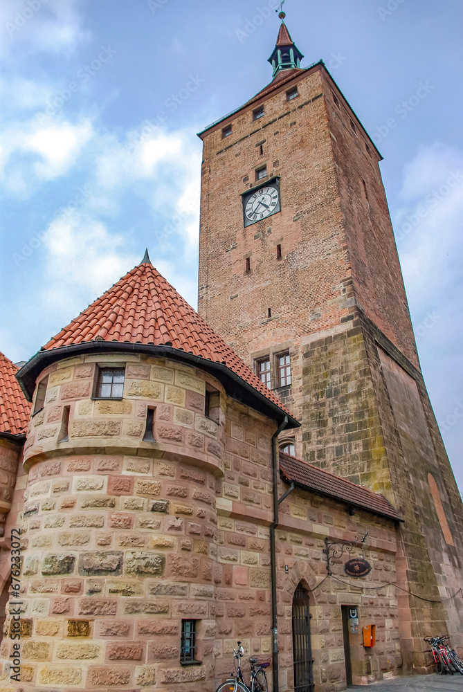 Nuremberg, Germany. Ancient castle, fortress, city wall and old houses in historical downtown of the city