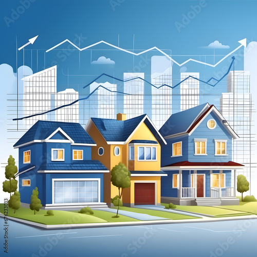 house illustration on blueprint board, making money stock market, mortgage, interest 
