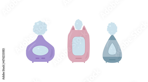 Set of vector air humidifiers, blue, lilac, pink.
Household appliances for a healthy lifestyle, modern electronics for the home.
Collection on a white background.