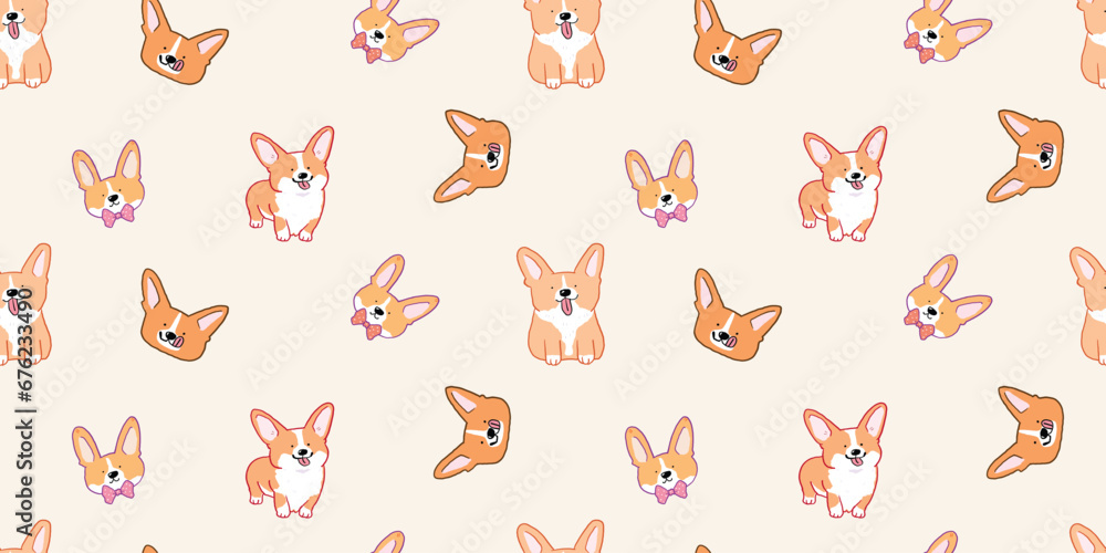 Seamless Pattern of Cute Cartoon Corgi Dog Design on Beige Color Background