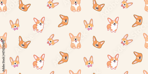 Seamless Pattern of Cute Cartoon Corgi Dog Design on Beige Color Background
