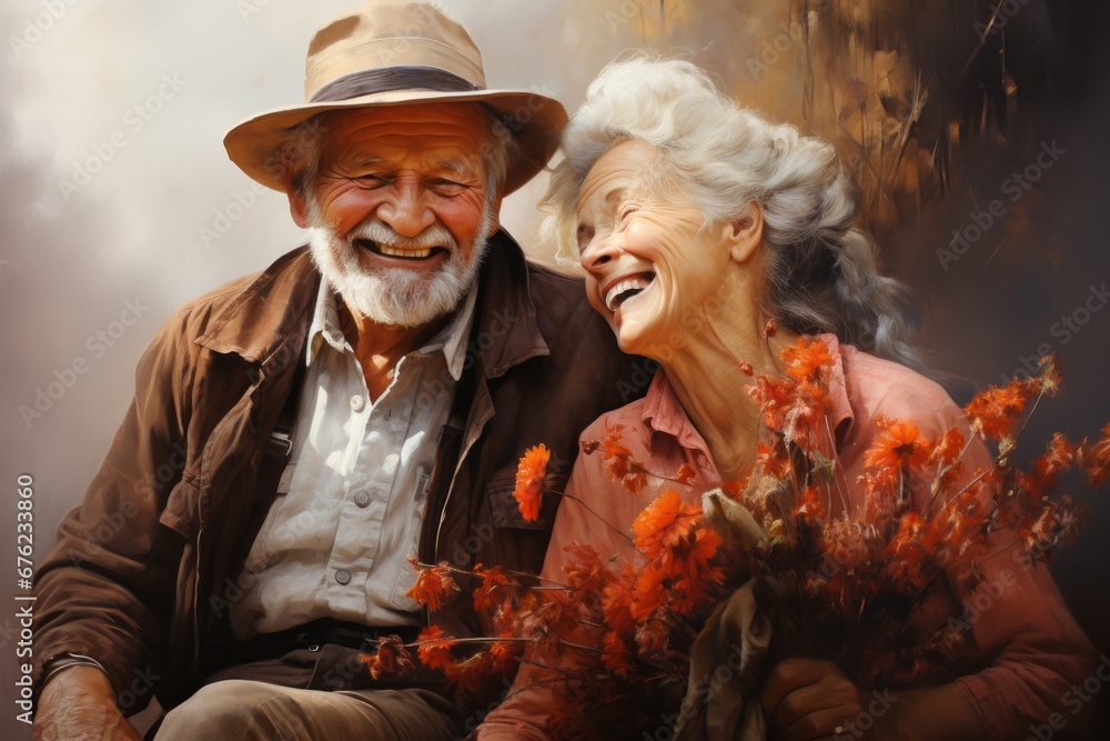 Fototapeta premium Eternal Love: An Older Couple Embracing the Passage of Time. A Joyful Couple Capturing a Moment of Love, Laughter and Happiness