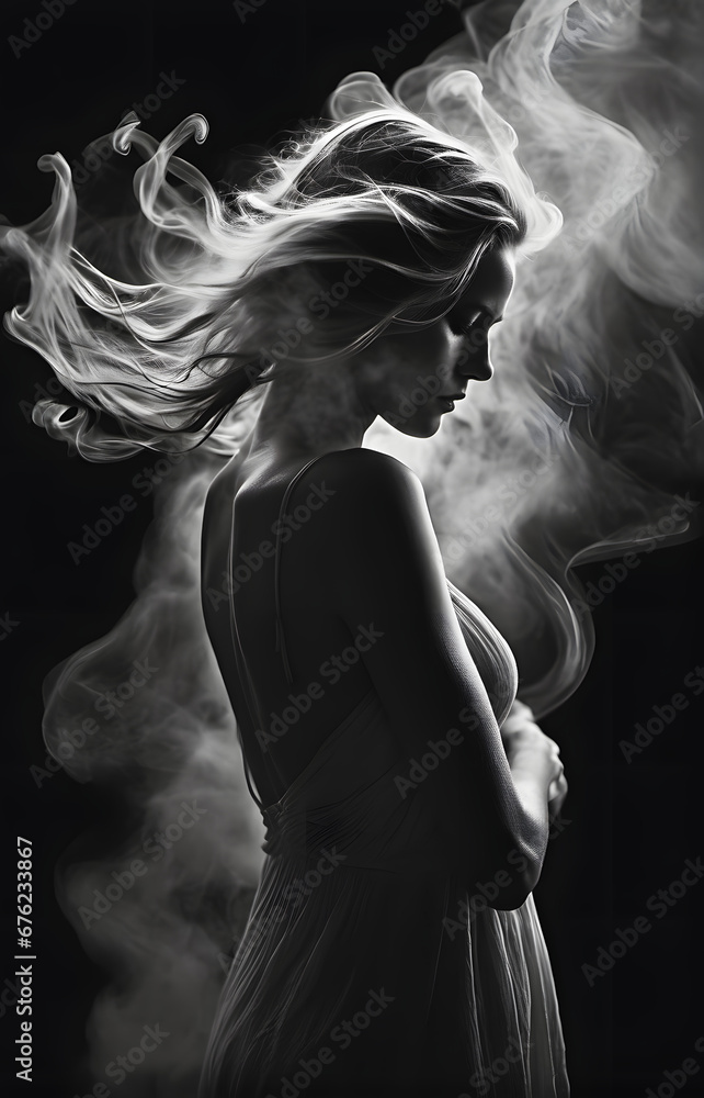 smoke on black background with a beautiful woman