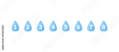 Water balance tracker. The concept of drinking norms for a person.
Water drop infographic elements. Vector illustration on a white background, eps 10.