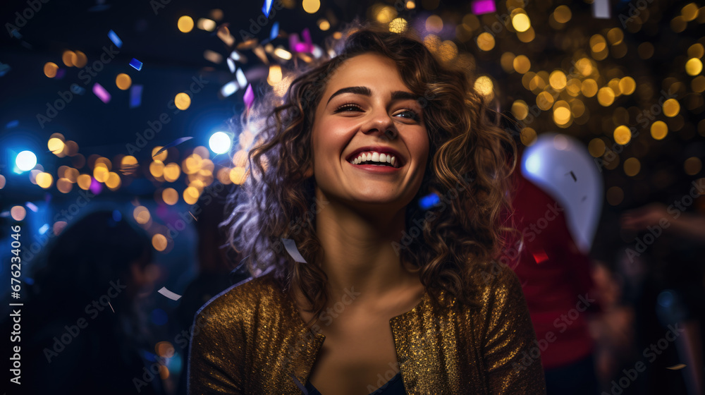 Curly-haired woman with a gleaming smile is captured in a festive evening atmosphere with sparklers and shimmering bokeh lights in the background. Curly-haired woman with a gleaming smile is captured in a festive evening atmosphere with sparklers and shimmering bokeh lights in the background.