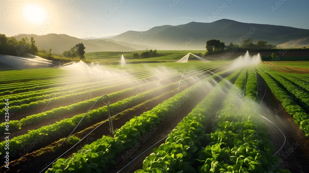 agricultural irrigation as sprinklers nourish the fertile farmland. This eco-friendly method ensures green fields and thriving plants, underlining the significance of sustainable farming practices. - obrazy, fototapety, plakaty 