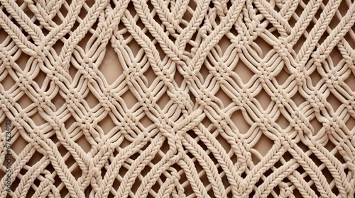 Handmade macrame background. Macrame braiding and cotton threads. Top view close up