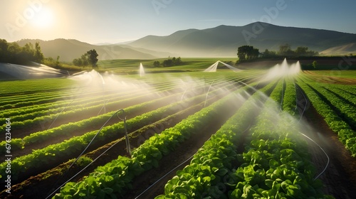 agricultural irrigation as sprinklers nourish the fertile farmland. This eco-friendly method ensures green fields and thriving plants, underlining the significance of sustainable farming practices. photo