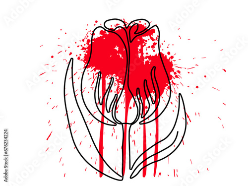 Abstract flower tulip, continuous one line art hand drawing and drops , splashes of ink like red blood on a white background