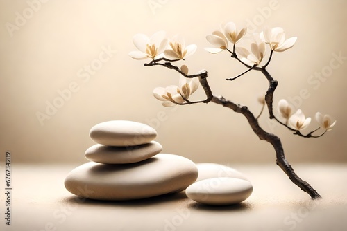 zen stones and Branch with flowers 