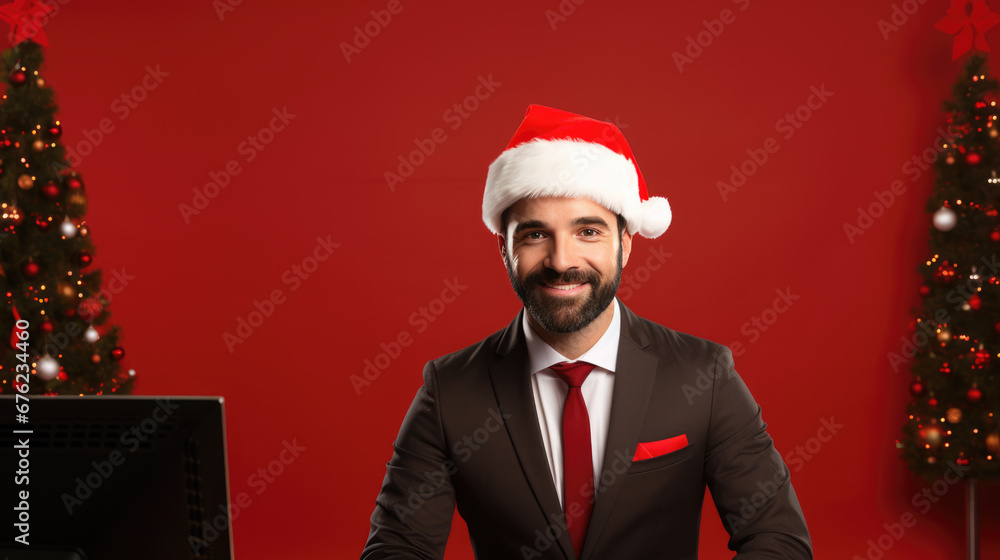 A cheerful man in Santa hat laughing while looking at a laptop on a wooden table A cheerful man in Santa hat laughing while looking at a laptop on a wooden table