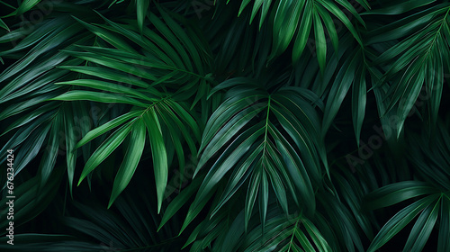 Palm leaves. Deep green background of tropical leaves.