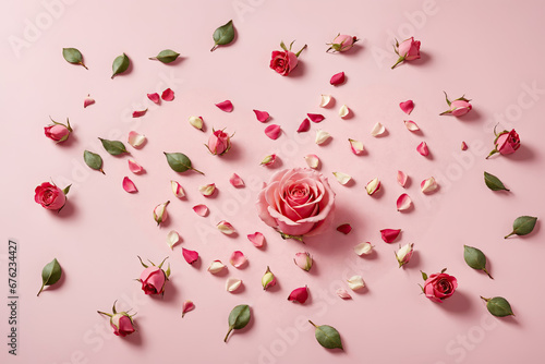 Pink peony rose buds on a pastel pink background. Women's Day and Valentine's day concept. Top view.