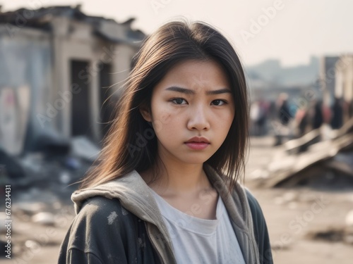 Asian girl is standing among the ruins of house. photo