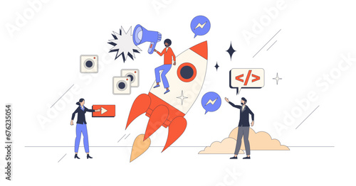 Online marketing and business communication retro tiny person concept, transparent background. Social media advertising and promotion for brand recognition illustration. Effective customer engagement.