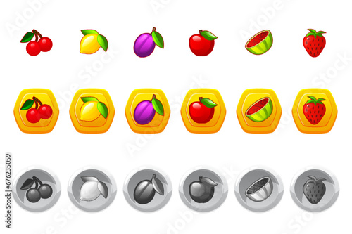 Fruit game icons for casino slot machine, gambling, lotteries or mobile puzzle ui elements.