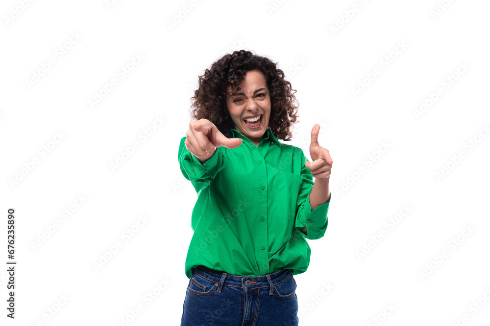 young confident brunette woman with stylish hair styling by curly method on white background with copy space young confident brunette woman with stylish hair styling by curly method on white background with copy space