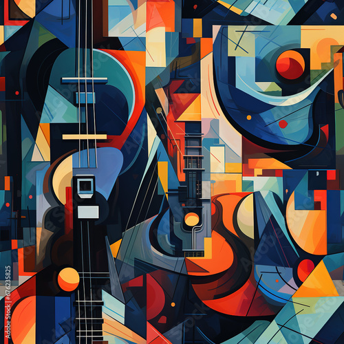 Musical instruments repeat pattern - funky collage fantasy colorful cubism  abstract art  trippy psychedelic 