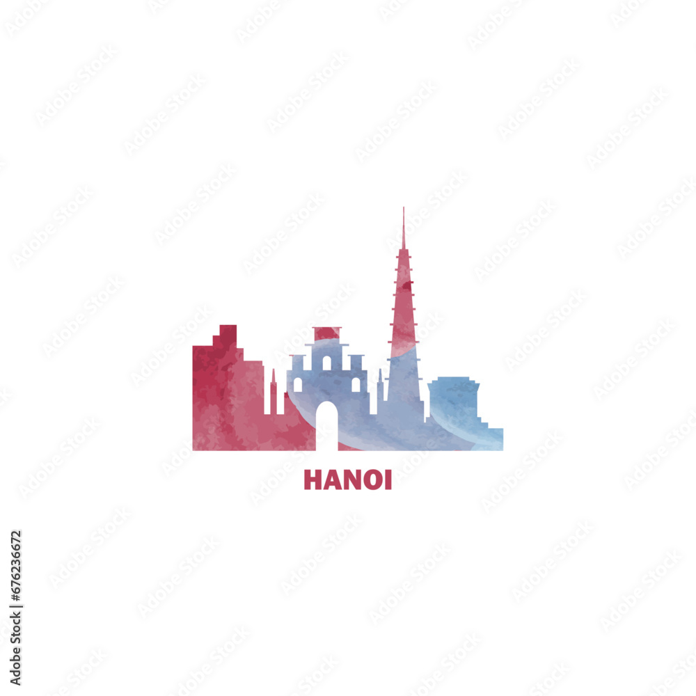 Hanoi watercolor cityscape skyline city panorama vector flat modern logo, icon. Vietnam town emblem concept with landmarks and building silhouettes. Isolated graphic