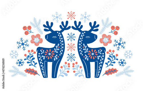 Vector hand drawn illustration of animals in Nordic style hygge. Silhouette of a deer in a floral pattern in a folk Scandinavian style