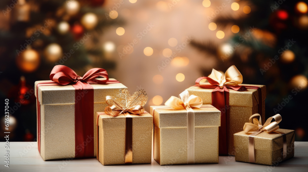 Elegantly wrapped Christmas presents adorned with shimmering ribbons, placed on a table, with a softly lit Christmas tree in the background Elegantly wrapped Christmas presents adorned with shimmering ribbons, placed on a table, with a softly lit Christmas tree in the background