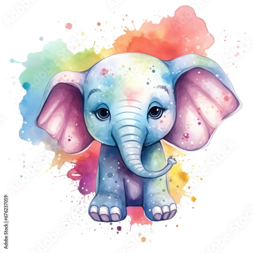 Cute watercolor elephant on white background, transparent png clipart