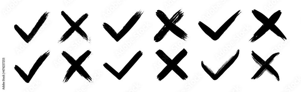 Dirty grunge hand drawn with brush strokes cross X and tick OK check marks V vector illustration set isolated on white background. Check mark symbol NO and YES buttons for vote in the box, web, etc - obrazy, fototapety, plakaty 