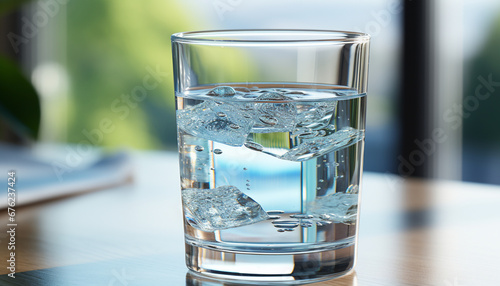 Ice cubes floating in a glass of water, with a focus on the bubbles and refraction