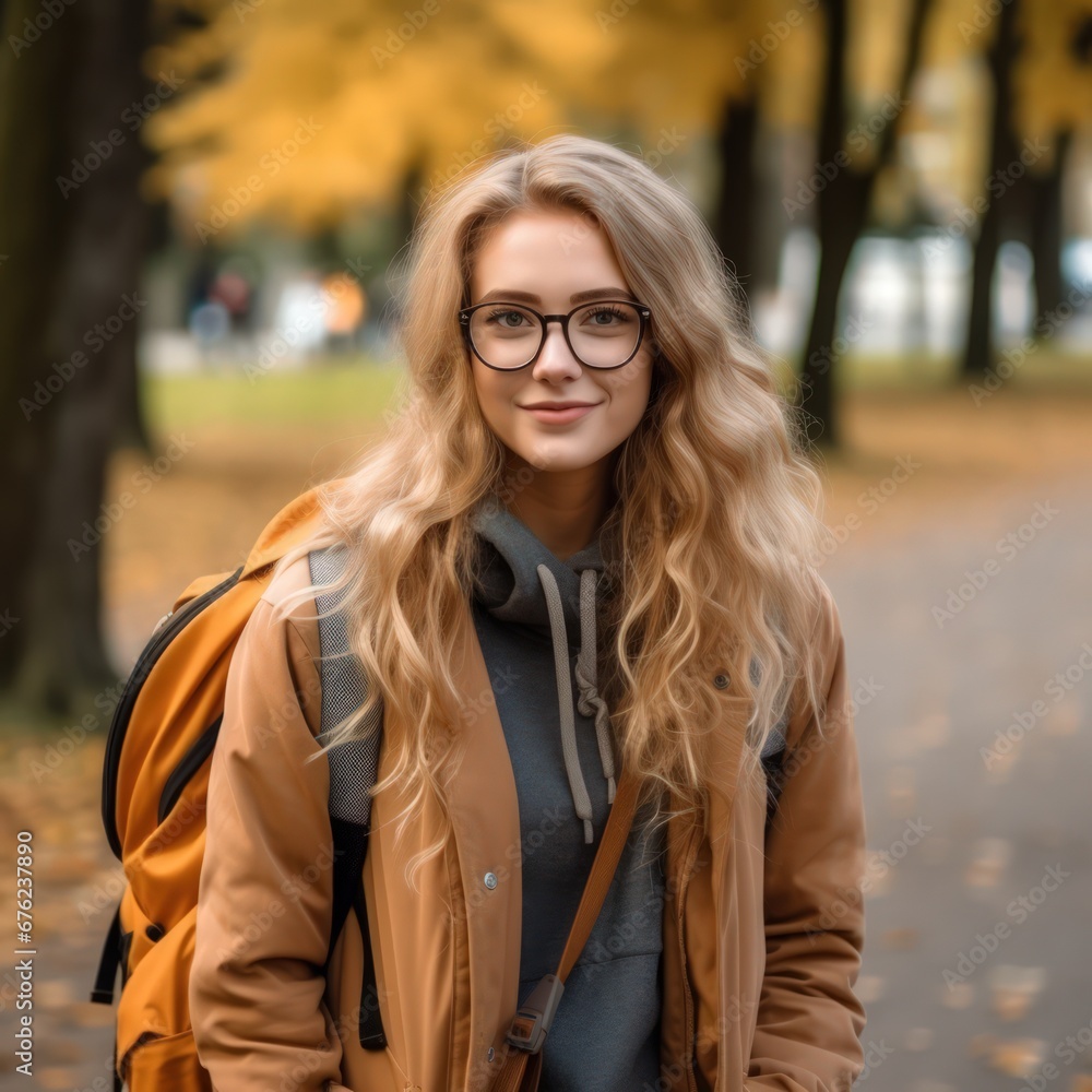 Smiling caucasian woman with glasses and clothes is picking up leaves on the ground during an autumn walk in park