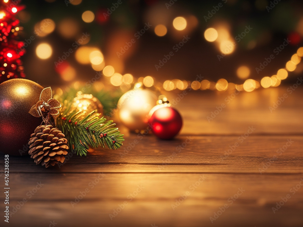 Festive illustration of Christmas decorations and fir branches, blurred background. Generative AI.