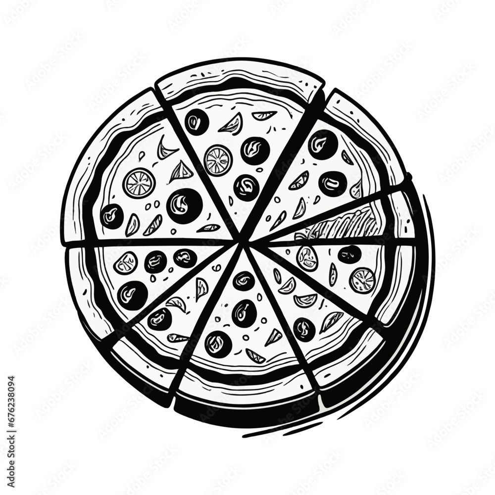 Hand Drawn simple vintage vector illustration pizza slices  with vegetables topping, black and white