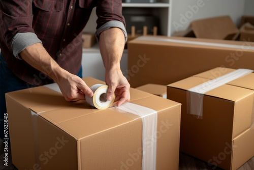 A man uses adhesive tape to packing cardboard box, Moving home concept © alisaaa