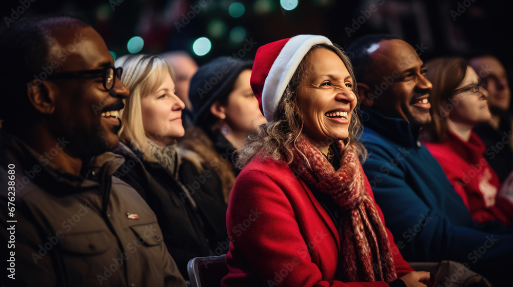 A joyful audience of adults wearing Santa hats and winter clothing, smiling and looking up with expressions of happiness and excitement, gathered indoors possibly during a Christmas event