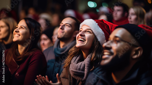 A joyful audience of adults wearing Santa hats and winter clothing, smiling and looking up with expressions of happiness and excitement, gathered indoors possibly during a Christmas event © MP Studio