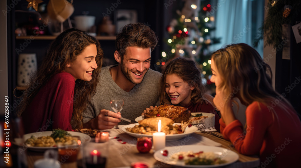 Family enjoying a warm, festive Christmas dinner together, with children smiling, candles glowing, and a decorated Christmas tree in the background.