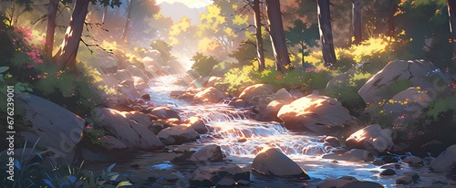 A forest stream, with the setting sun casting dappled light on the water, cartoon style art, animation wallpaper. generative AI #676239001