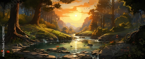 A forest stream  with the setting sun casting dappled light on the water  cartoon style art  animation wallpaper. generative AI