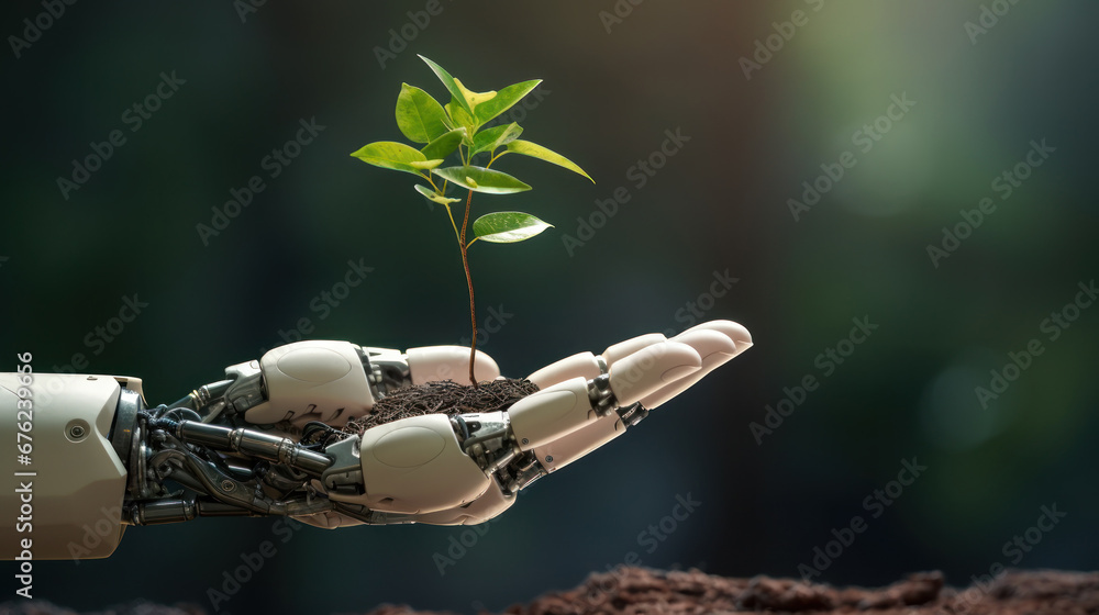 Ai robot with environmental protection concept, Robot hand hold sapling, analyze investment sustainability, sustainable development, climate change, green energy recycle, Net zero. - obrazy, fototapety, plakaty 