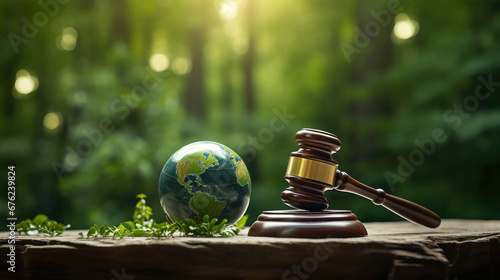 International Environmental law concept. World and gavel with scales of justice and hammer on a green forrest background, global economic regulation. photo