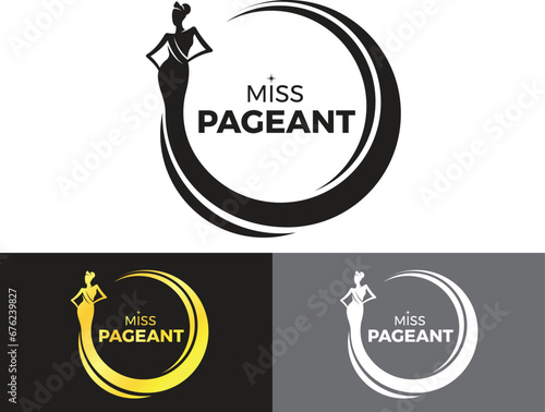 Miss pageant logo - Black and gold and white tone The beauty queen pageant standing and dress waving circle ring vector design