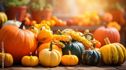 Basket Of Pumpkins, Apples And Corn On Harvest Table With Field Trees And Sky Background - Thanksgiving