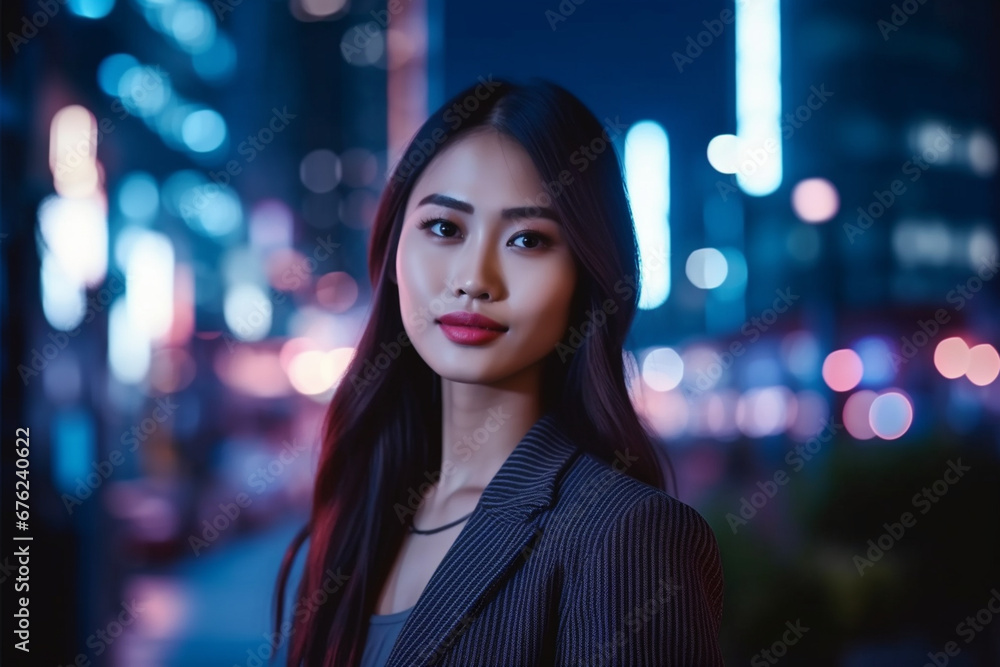 Beautiful Asian Female Portrait Standing on City Street with Neon Lights Late in the Evening, Authentic Adult Confident Woman Posing For Camera, Smiling in the Night on Downtown Business Street