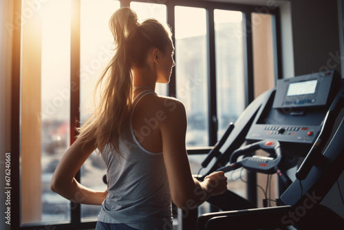 Beautiful Athletic Sports Woman Running on a Treadmill at Her Home Gym, Energetic Workout: Female Training while Listening Podcast or Music in Headphones, Apartment with Window View, Side Back photo