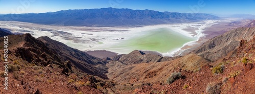 Emerald Lake Water, Aerial Badwater Basin Panorama, Distant Panamint Range Mountain Peaks.  Scenic Death Valley National Park Landscape, Dantes View, California Southwest United States photo