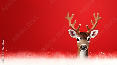 Cute Christmas reindeer on a red background. Christmas background, banner, or card. photo
