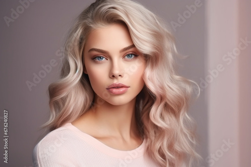 Beautiful looking young blonde woman with the middle length hair, wearing in a delicate makeup, Elegance and hairstyling