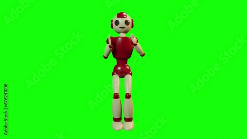 Smiling happy toy robot dancing 3d render green screen loop seamless