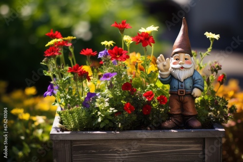 Funny Garden gnome in a beautiful front garden with flowers